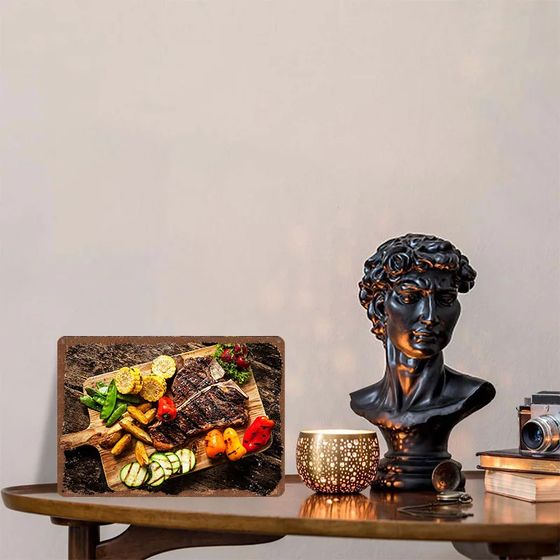 Grilled T-Bone Steak With Vegetables Poster Customized Wall Art Vintage Metal Signs Retro Tin Plaque for Man Cave Coffee Bar