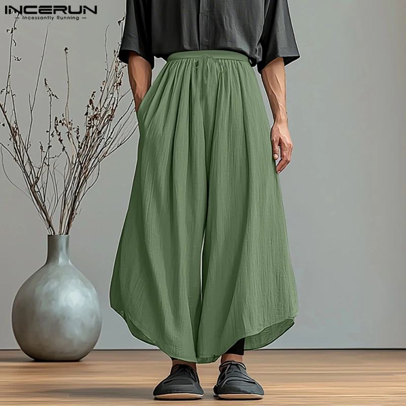 

INCERUN Men Pants Solid Color Joggers Drawstring Loose Casual Wide Leg Trousers Men 2025 Pleated Male Wide Leg Pants Streetwear