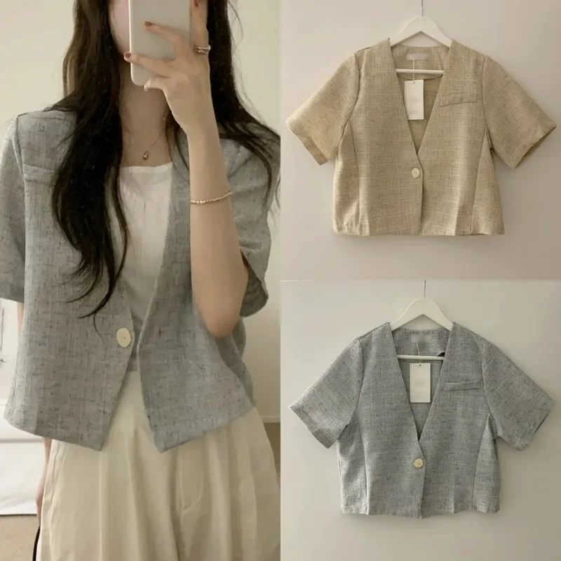 

Chi Bow Tops & Tees Korean One Button Short Jacket Summer New Sleeveless Backless Retro V-neck Temperament Suit Top Tee Coat New