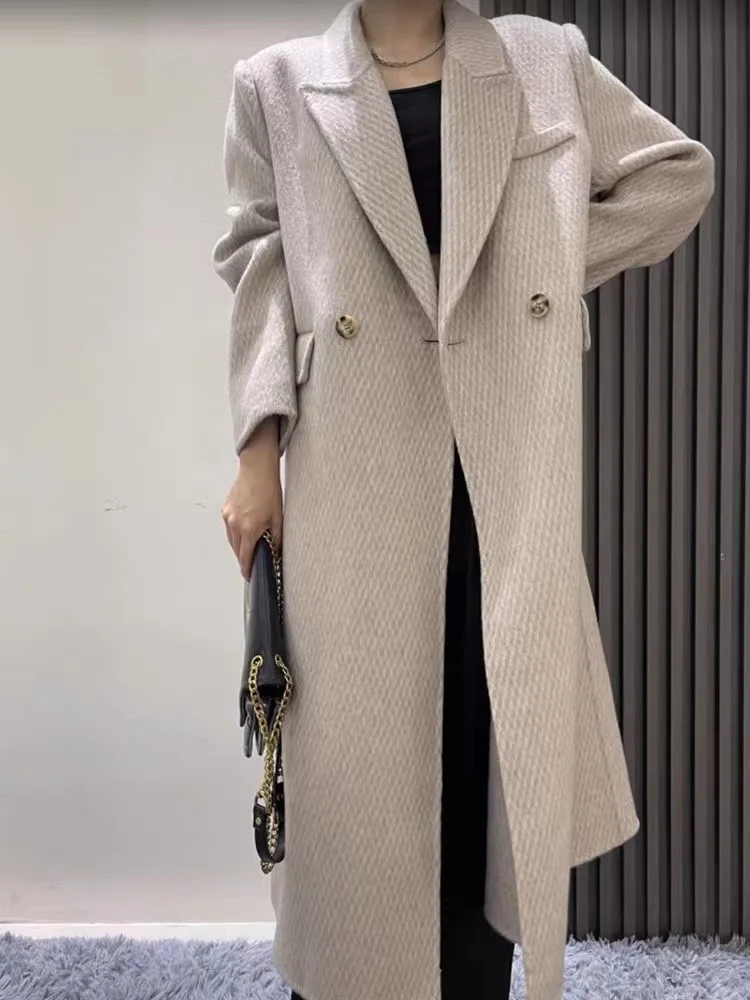 Suit alpaca woolen coat for women, Hepburn style high-end double-sided cashmere coat, spring/autumn/winter 2024, new