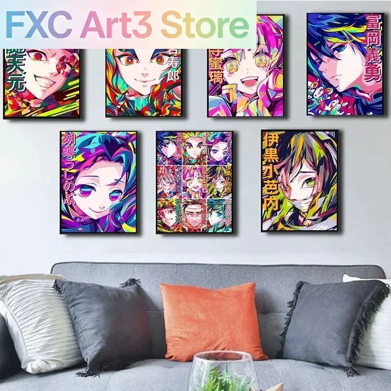 Affiches de films et d'anime japonais sans cadre, Demon Slayer, peinture sur toile esthétique, images d'art mural, décoration de la maison, décoration de la chambre, Fanatica
