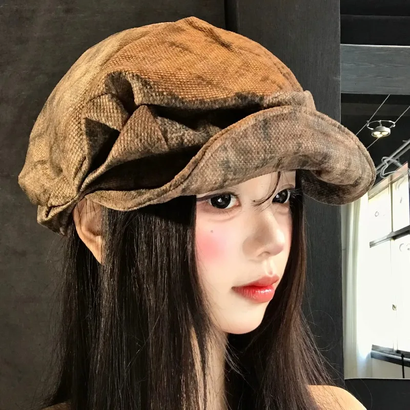 Retro Literary Pleated Design Soft-brim Berets for Women Spring and Autumn Streetwear Oversized Show Face Little Painter's Hats