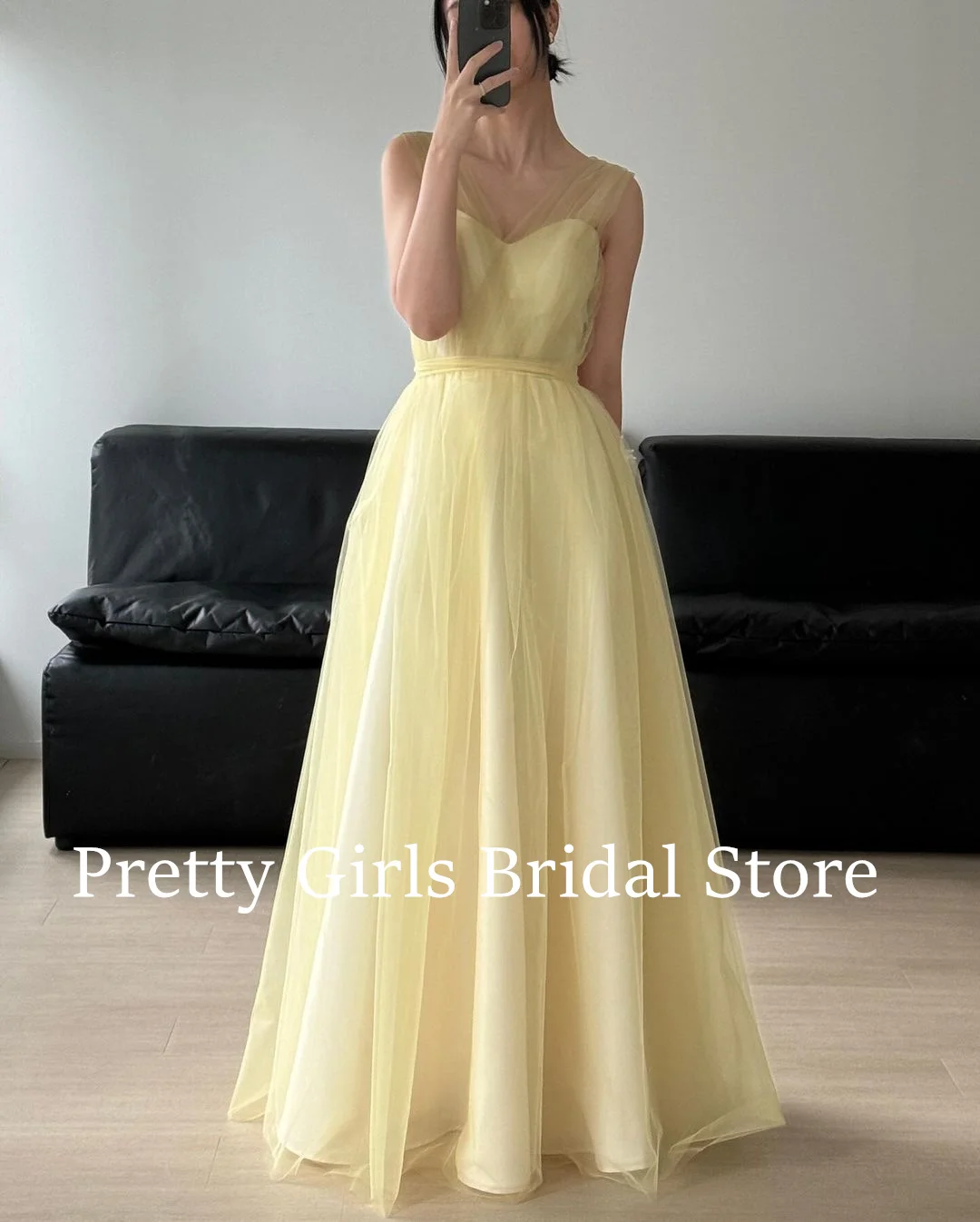

OEING Korea Yellow V-Neck Formal Evening Dresses Tulle Simple Sleeveless 프롬드레스 Floor Length Elegant Prom Gowns Party Women