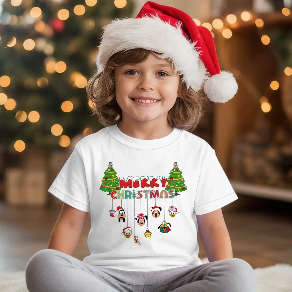 

Рождественские огни, топы с героями мультфильмов, футболки, рождественские подарочные футболки, хлопковые футболки с Микки и друзьями, детская одежда