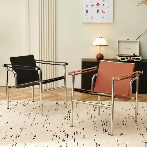 Apartment Backrest Chairs Basculan Chair Single Leather Deck Chair Simple Stainless Steel Lounge Chairs Living Room Small