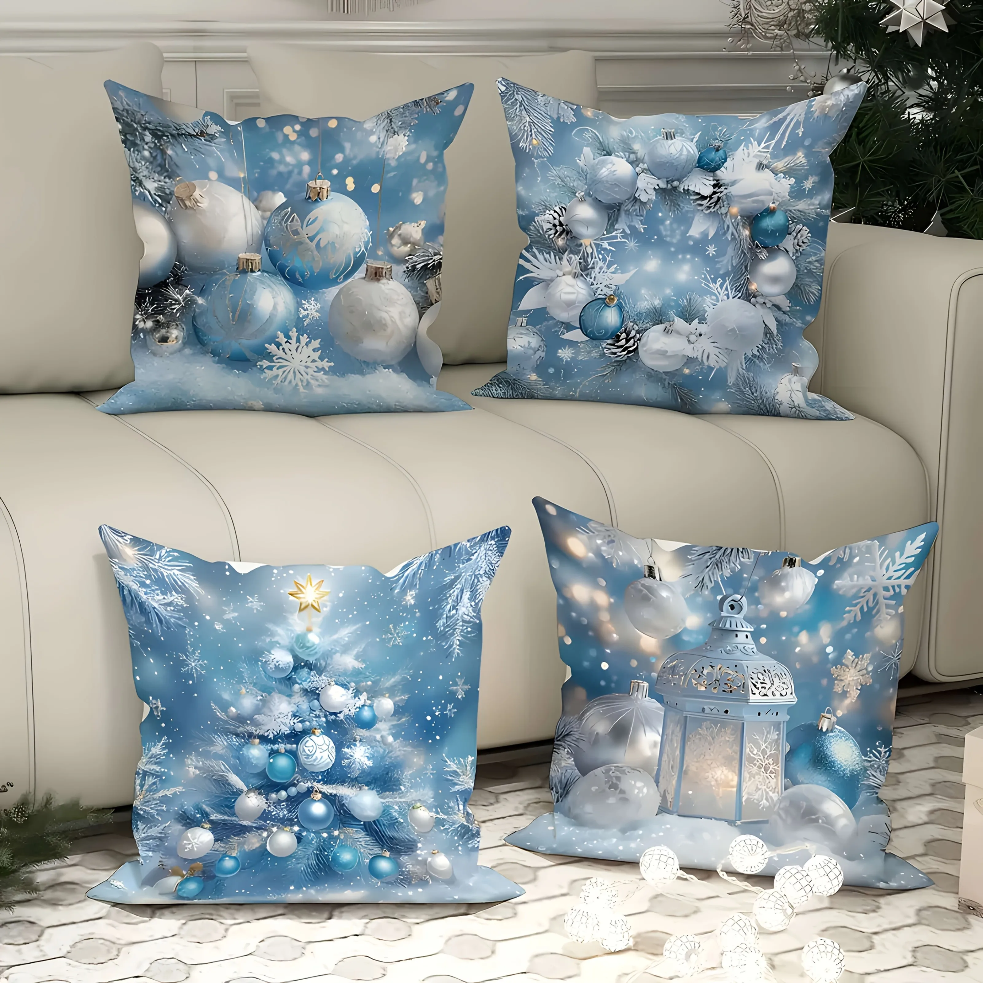 Funda de almohada con adorno navideño azul, funda de almohada festiva para decoración del hogar de invierno