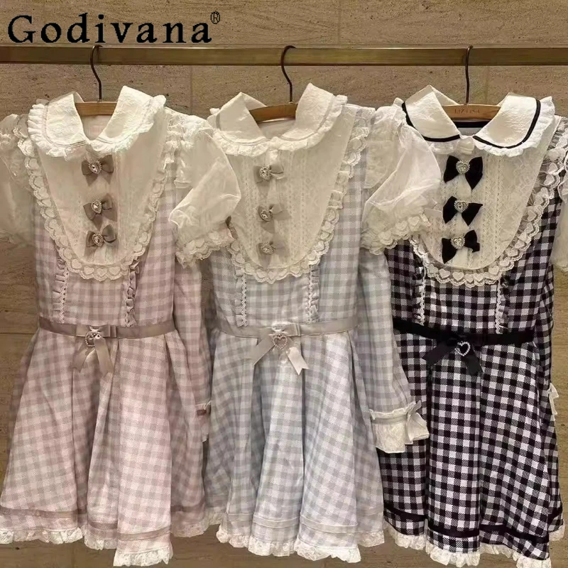 

Liz Dress Set Japanese Sweet Cute Lolita Short-sleeved Plaid Dress + Shorts Set Mine Lace Bow Slim-Fit Top Shorts Two-piece Set