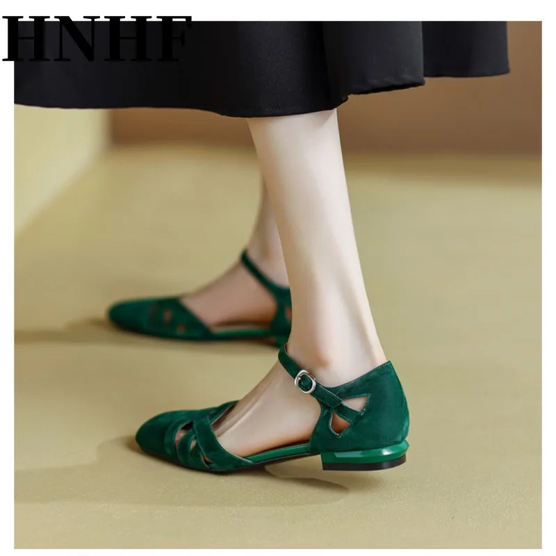 HNHF Women Fashion Classic Retro Roman Sandals Summer New Woman Temperament Round Head Hollow Frosted Low-Heeled Sandals