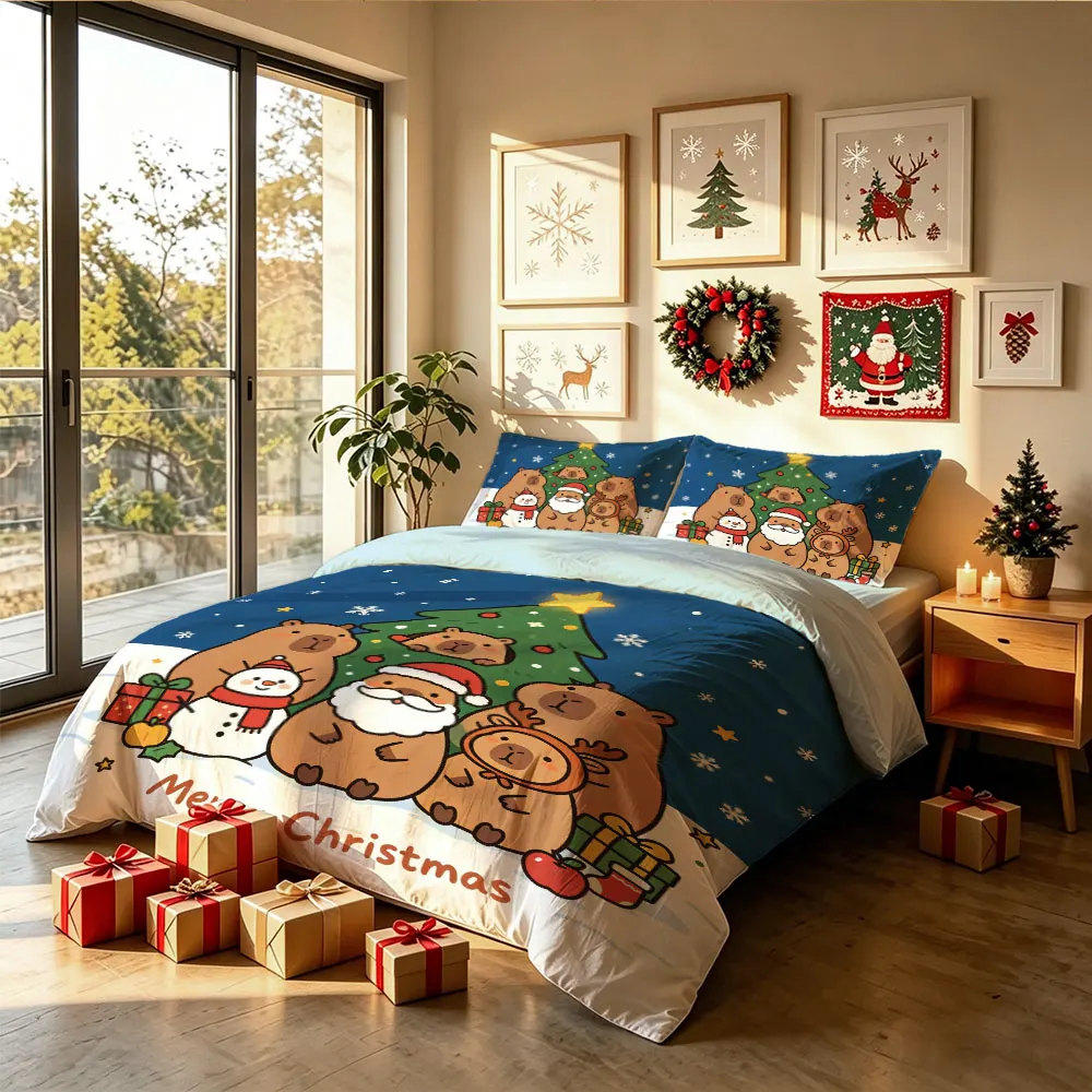 3pcs Group Capybara Snowman Christmas Gift Box Bedding Set 1 Duvet Cover 2 Pillowcases No Comforter Included Soft Machine Was