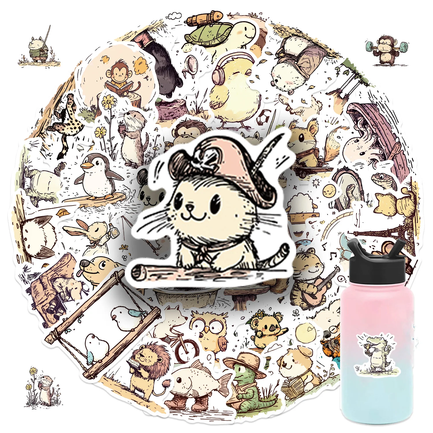 50PCS Nostalgic Style Cute Hand Drawn Animals Fun Daily Sticker Waterproof PVC DIY Cup Laptop Guitar Luggage Scrapbook DIY Gift