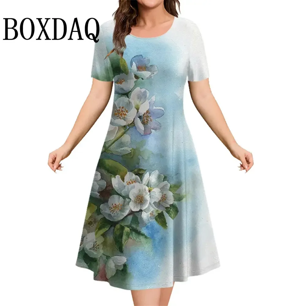 Sundress Loose Plus Size Dresses 9XL Women Flowers 3D Print Clothing Casual Summer Retro Short Sleeve Ladies Elegant Mini Dress