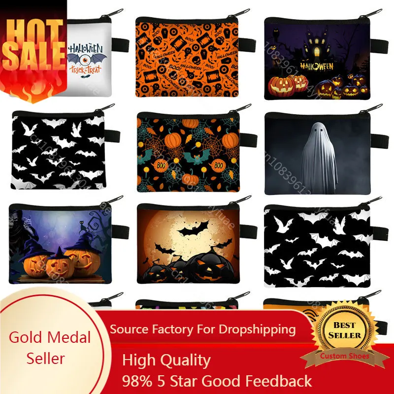 

Halloween Cute Pumpkin Print Coin Purse Trick or Treat Wallet Ghost Bat Pattern Credit Card Holder Money Coin Bag Small Purse