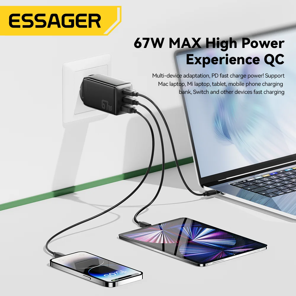 Imagem -03 - Essager Gan Usb tipo c Carregador Carregador Rápido para Macbook Laptop Ipad Tablet Iphone 14 13 Samsung S23 Ultra Pps pd Qc4.0 67w 45w