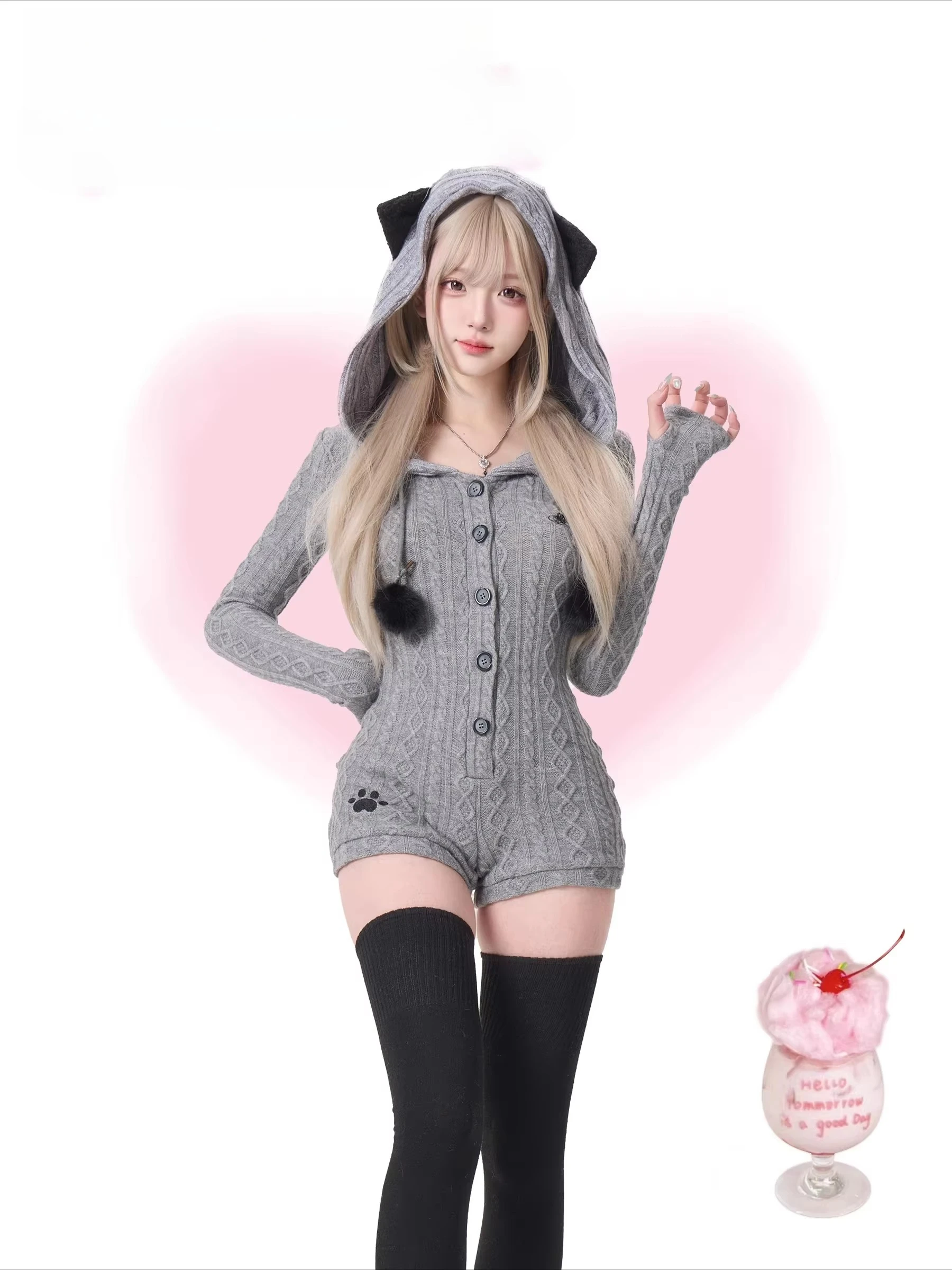 2026 Spring Original Japanese Sweet Kawaii Girl’s Knitted Jumpsuit Embroidered Hooded Single-Breasted Tight Playsuits for Women