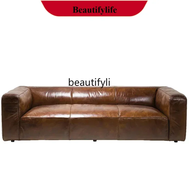 

z183 American retro tofu block leather sofa designer living room oil wax leather straight row sofa