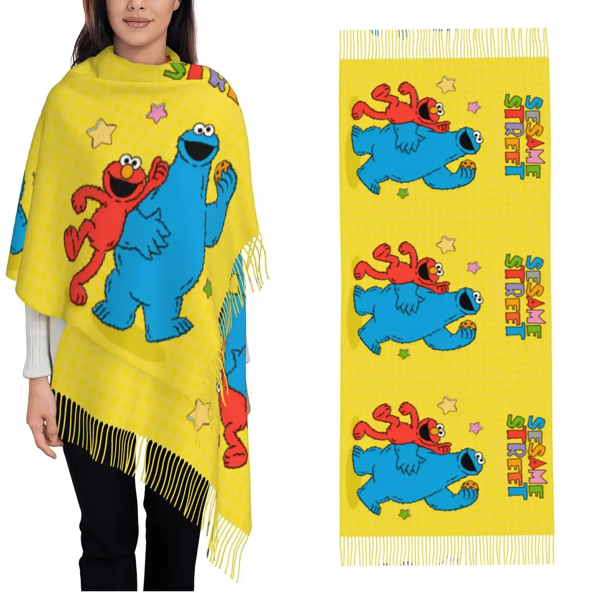 Sesame Streets Cookie Monster Scarf Womens Warm Winter Cashmere Shawls and Wrap Cartoon Cute Long Large Shawl Scarf Daily Wear