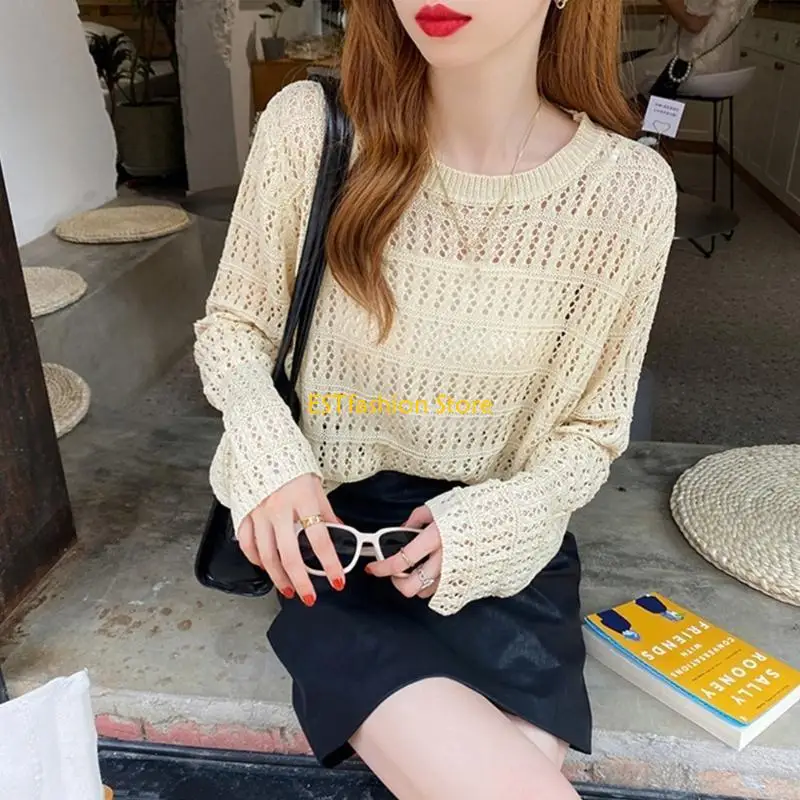 

Y5GC женский Y2K ажурный топ с длинными рукавами, вязаный крючком, сексуальный прозрачный топ в сеточку, купальник, накидка