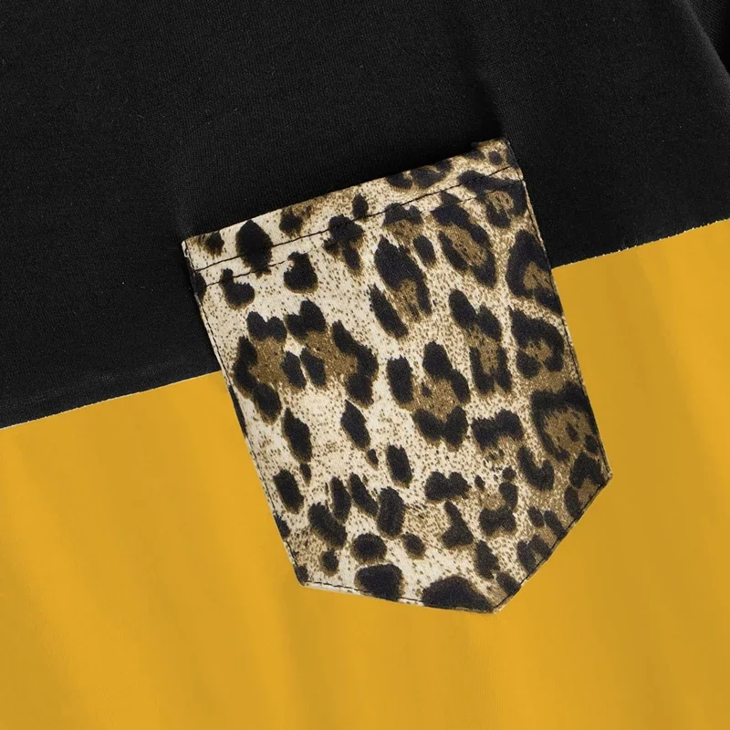 Plus Size Short Sleeve Loose Leopard T-shirt Women Pocket Front Black And Yellow Round Neck Summer Causal Top Tee Large Size 8XL