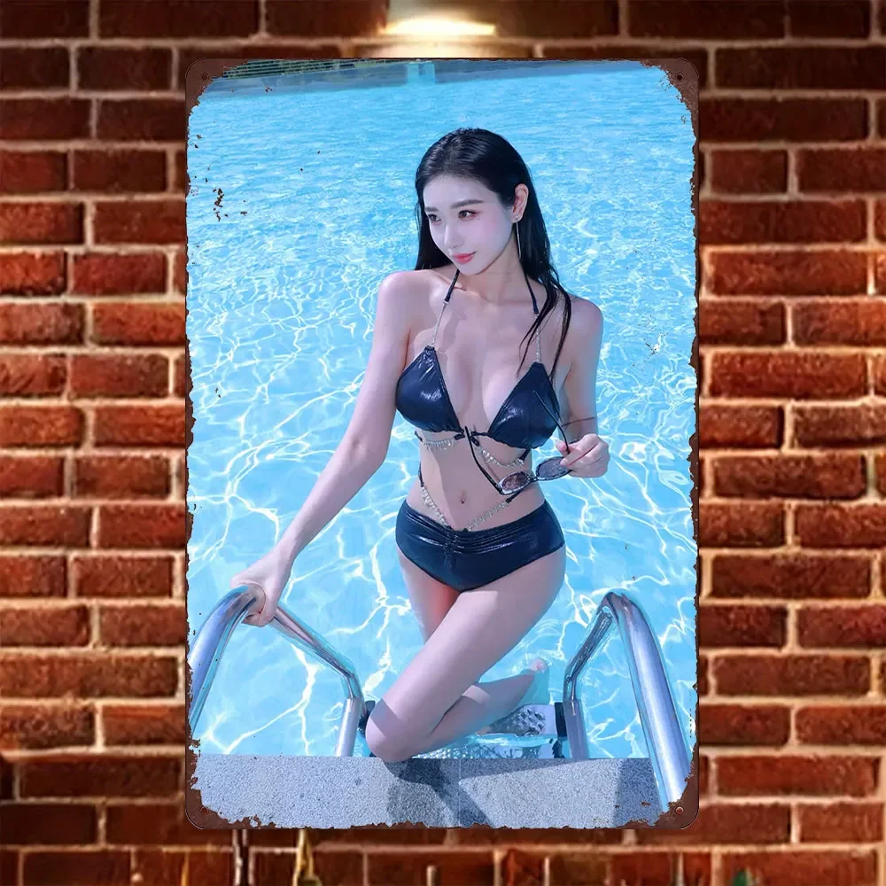 HD Tin Sign Vintage Asian Girl in Black Shiny Chain Bikini at Poolside Metal Wall Art Retro Decor for Home Bar Cafe