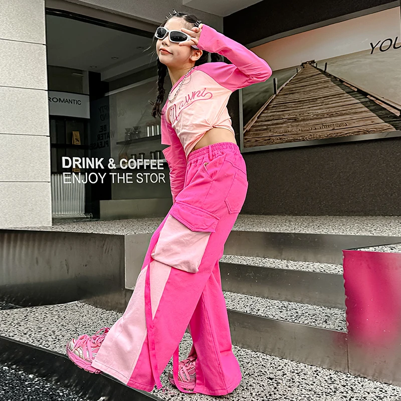 Hip Hop Girls Crop Top Pink Cargo Pants Child T shirt Tops Joggers Streetwear Clothes Sets Kids Sweet Street Dance Jazz Costume