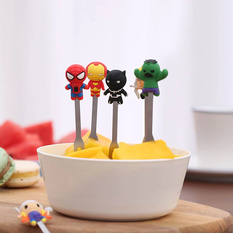 Disney Marvel Avengers Cutlery Anime Figure Iron Man Spiderman Hulk Stainless Steel Silicone 8pcs/Set Fruit Forks