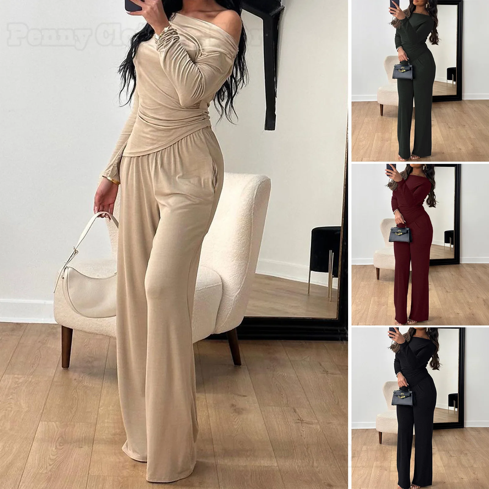 2025 New Autumn And Winter Women's Clothing Y2k Celebrity Style Pleated Long-Sleeved Tops Wide-Leg Trousers Suit