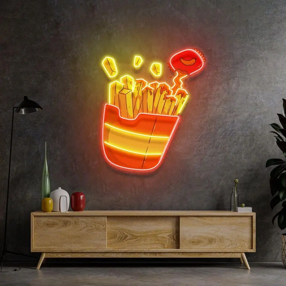 Custom French Fries Neon Sign For Wall Decor Food LED Neon Light Art For Home Bar Kitchen Restaurants Decor Size:37*32 cm