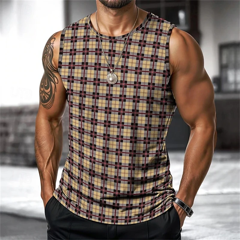 Summer Retro Men's Tank Top with 3D-Printed Checkered and Striped Patterns Round-Neck Loose-Fit Street-Style Casual Tank Top