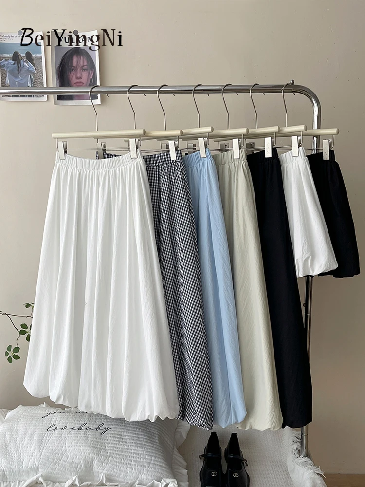 Beiyingni Japanese Style Women's Long Midi Bud Tutu Skirts Plaid Vintage High Street Summer Boho A-line Skirt Female White Jupes