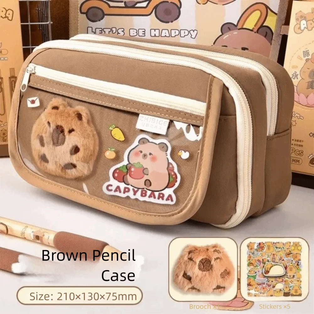 7Pcs Spacious Compartment Capybara Pencil Case Large Capacity Zipper Closure Pen Bag Nine Layers Doll Stickers