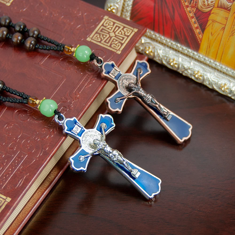 HTISOK Orthodox Corss Pendant with Blue Enamel Gold-plated Jesus Necklace Zinc Alloy Pendant Wooden Rosary Chain Religious Gift