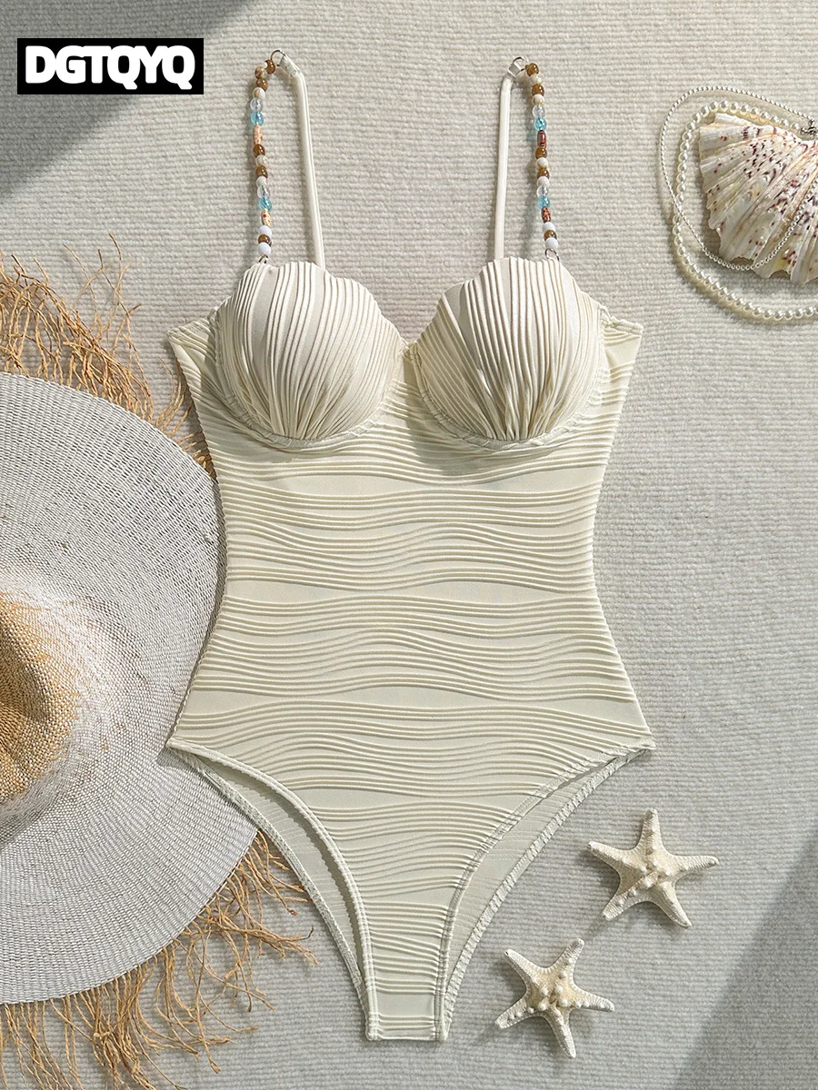 Wrinkled Shell Underwired Beads Women Swimwear One Piece Swimsuit Female High Leg Cut Monokini Bather Bathing Suit Swim Bodysuit