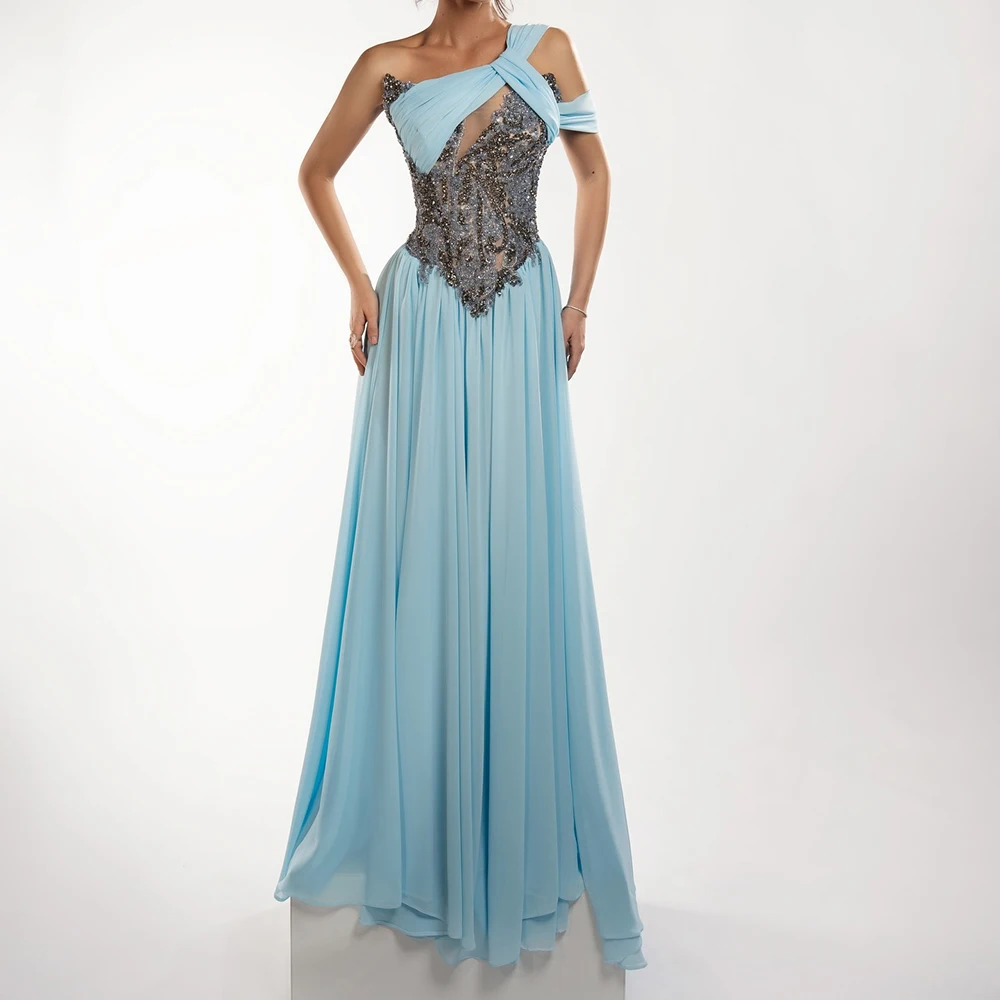 

Customized A-line Evening Dresses Floor-length One-shoulder Sleeveless Prom Gown Fashion Sequined Simple Draped Party Gown