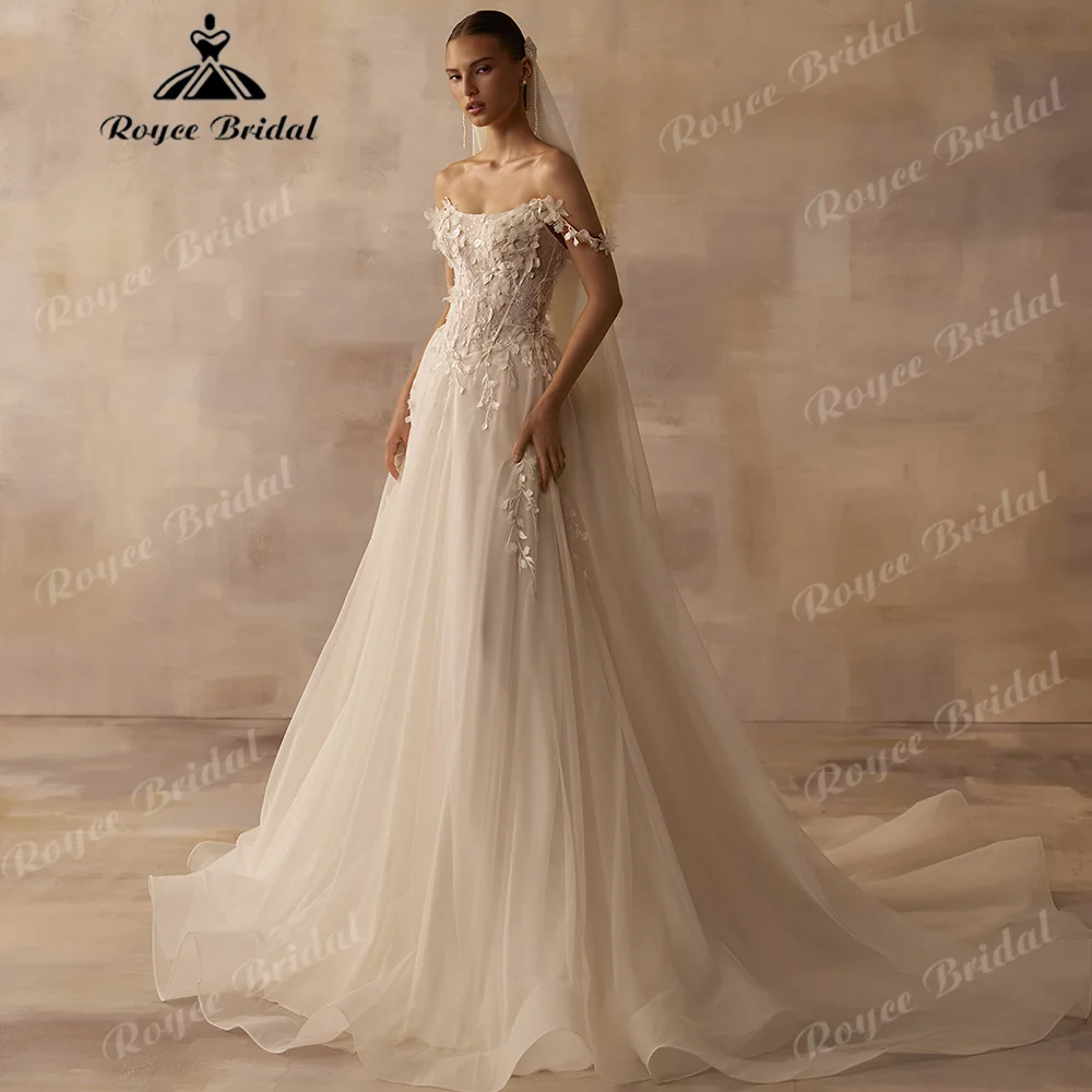 2027 Off Shoulder 3D Floral Tulle A Line Wedding Dress Corset Back Fairy Appliqued Flowy Bridal Gown Customized