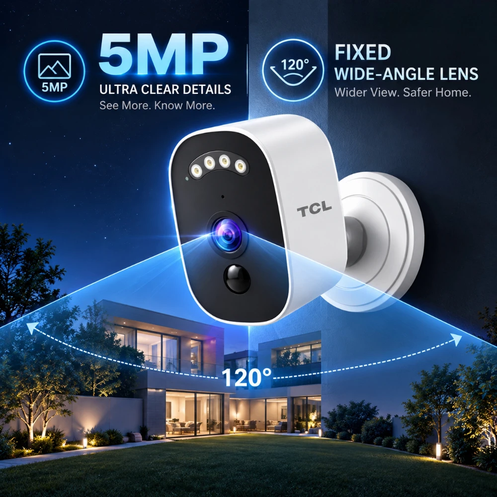 TCL 5MP WiFi Wireless Surveillance Camera Outdoor Long Standby Time 24/7 Recording AI Human Detect Battery Security Camera