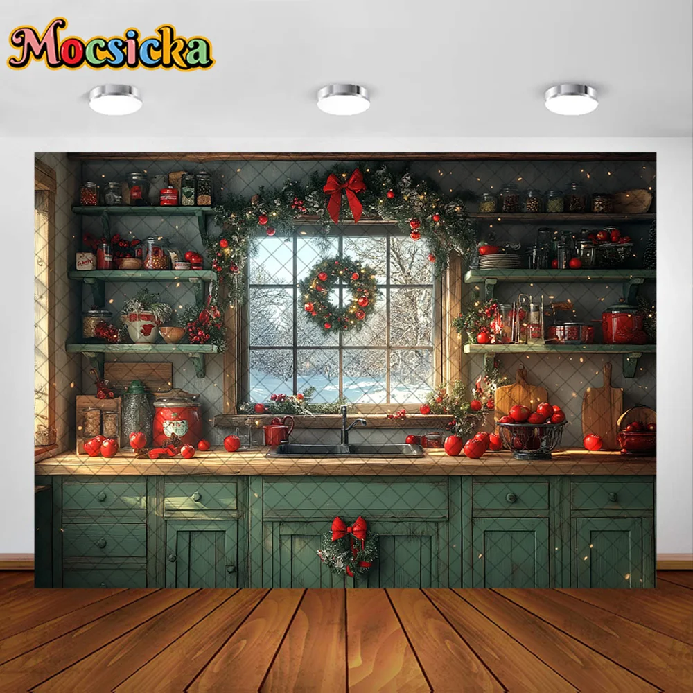 Mocsicka fotografia fundo natal cozinha armário maçã decoração pano de fundo família crianças natal festa de férias baile estúdio