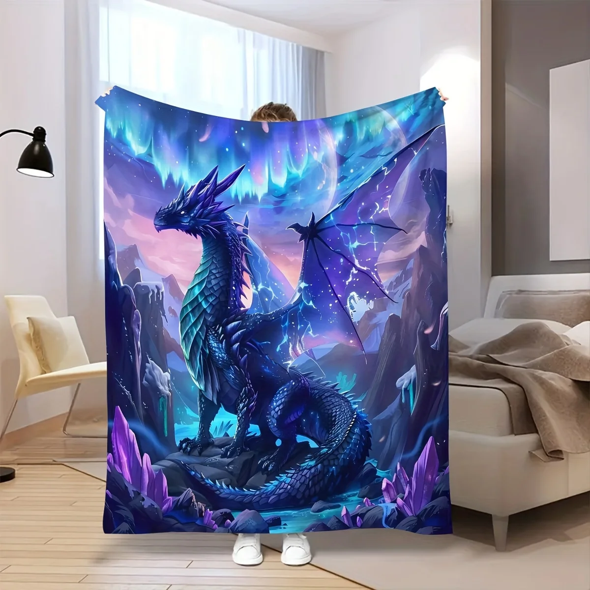 Large Dragon Galaxy Print Blanket Throw for Sofa Bedroom Decor Fleece Blanket 150x200cm Fantasy Mythical Art Bed Cover