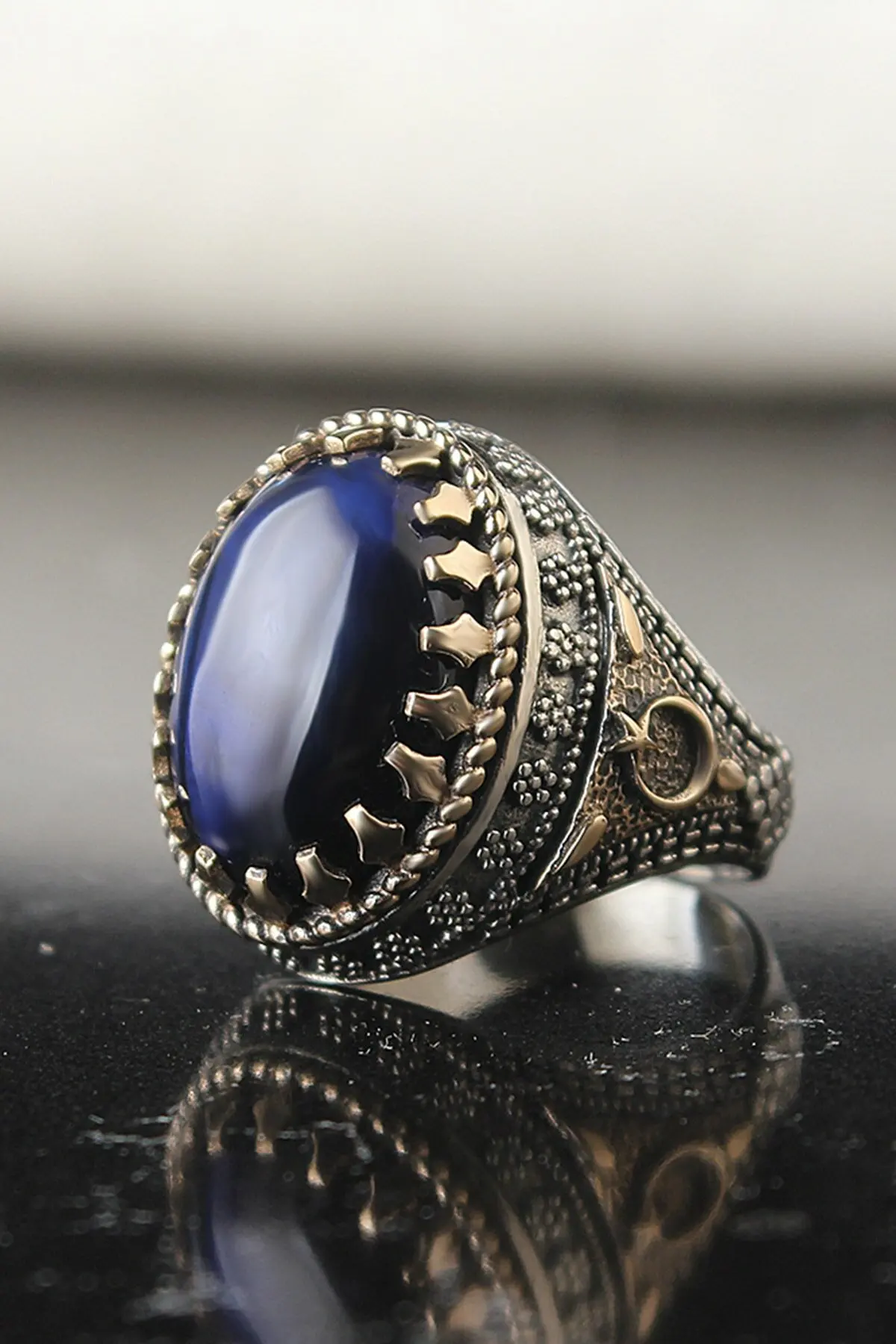 

925 Sterling Silver Men's Ring with Blue Tiger Eye Stone and Crescent and Star Embroidered Souvenirs for Men Design Jewelry