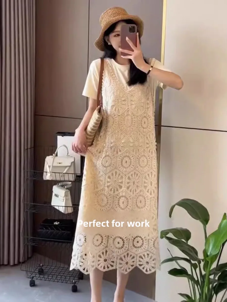 Ele T-shirt scavata e Dr Set Abito estivo di media lunghezza coreano allentato da donna con ricami floreali