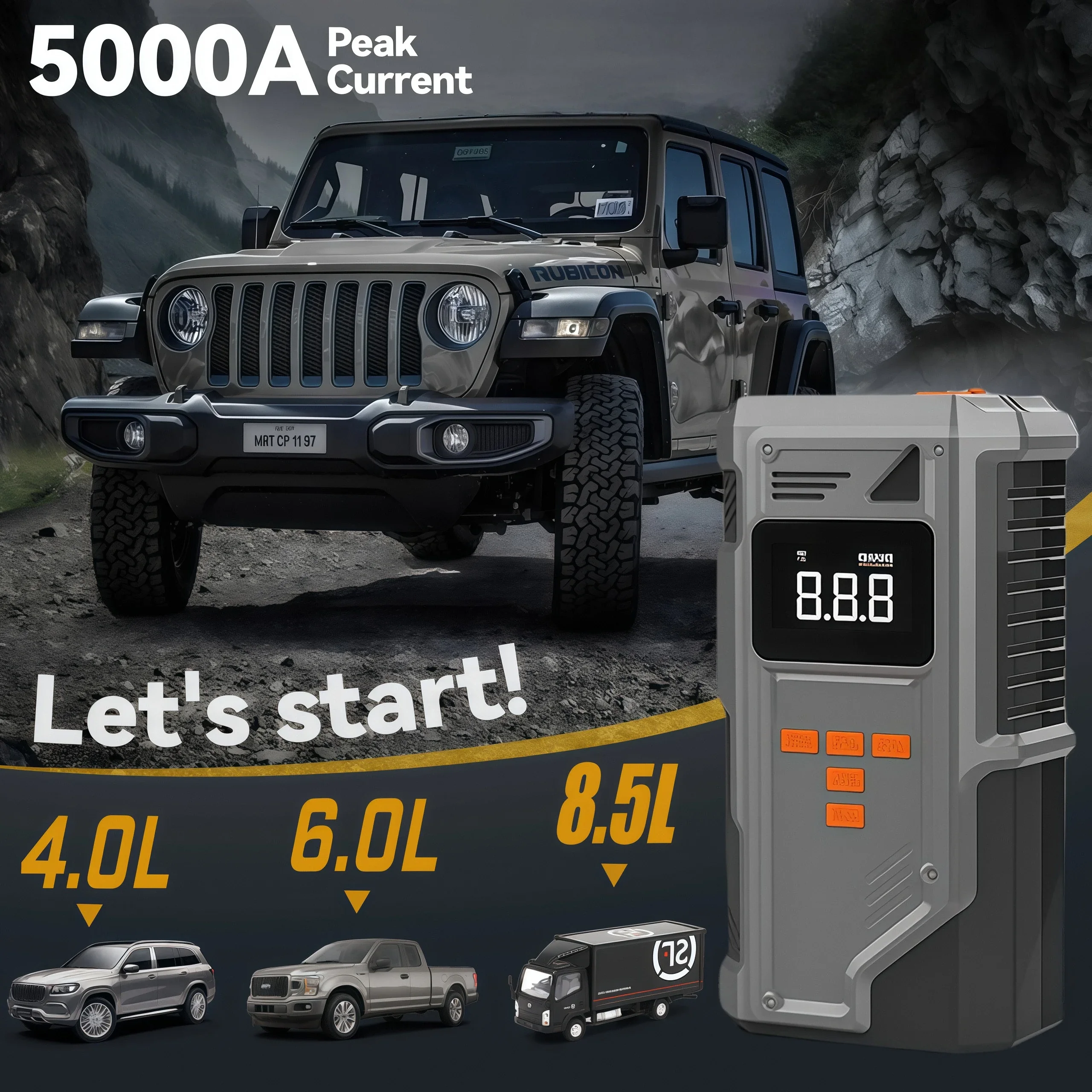 JKUOO Car Jump Starter And Air Inflator  10.2 Bar Fast Fill -40°C Low-Temp Work 12V Lead-Acid Battery with Tire Monitoring