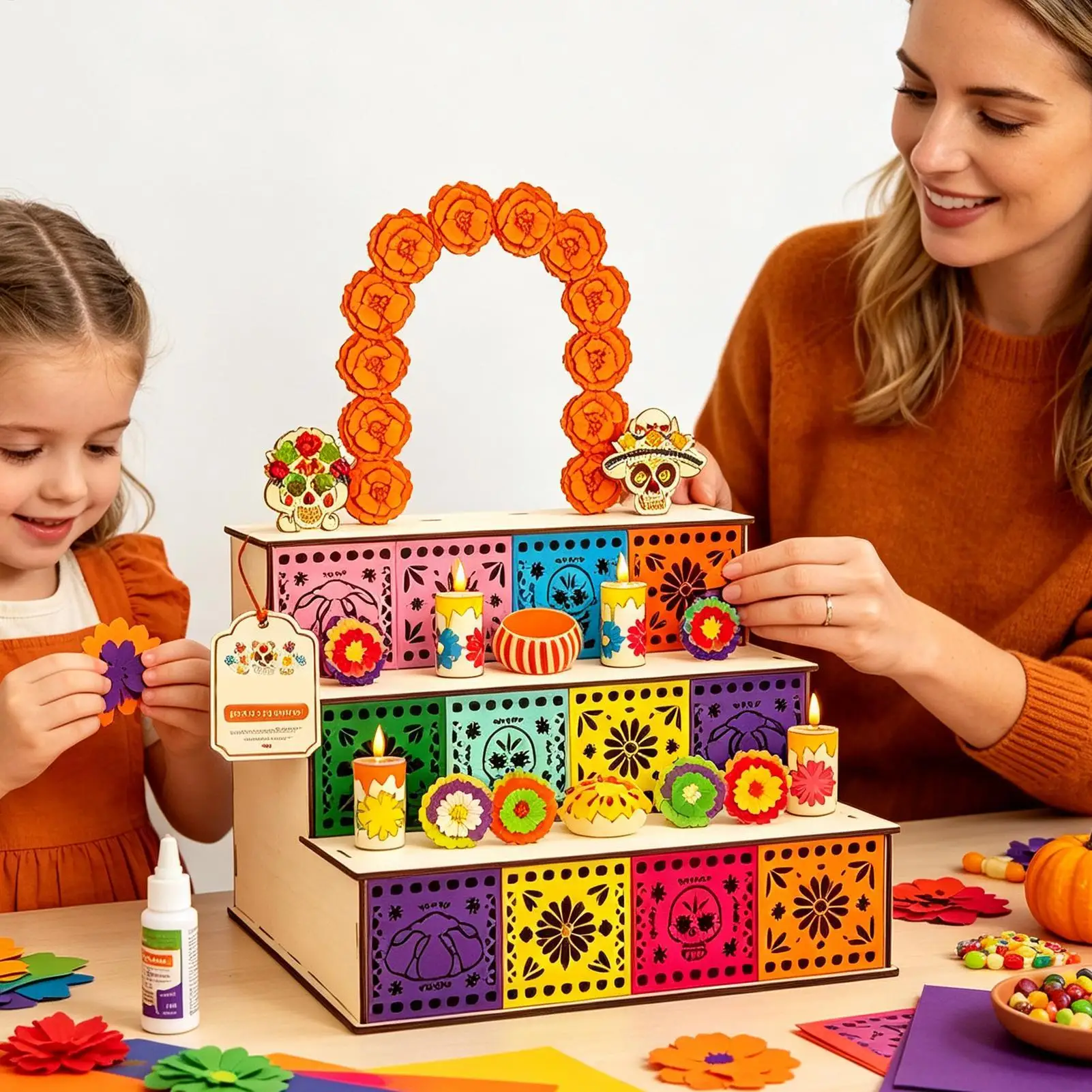 Einzigartige mexikanische hölzerne 3-stufige Altarbox, Ofrenda-Schattenbox zum Gedenken an den Tag der Toten für die Kirche und Wohnzimmerdekoration – Detail 7