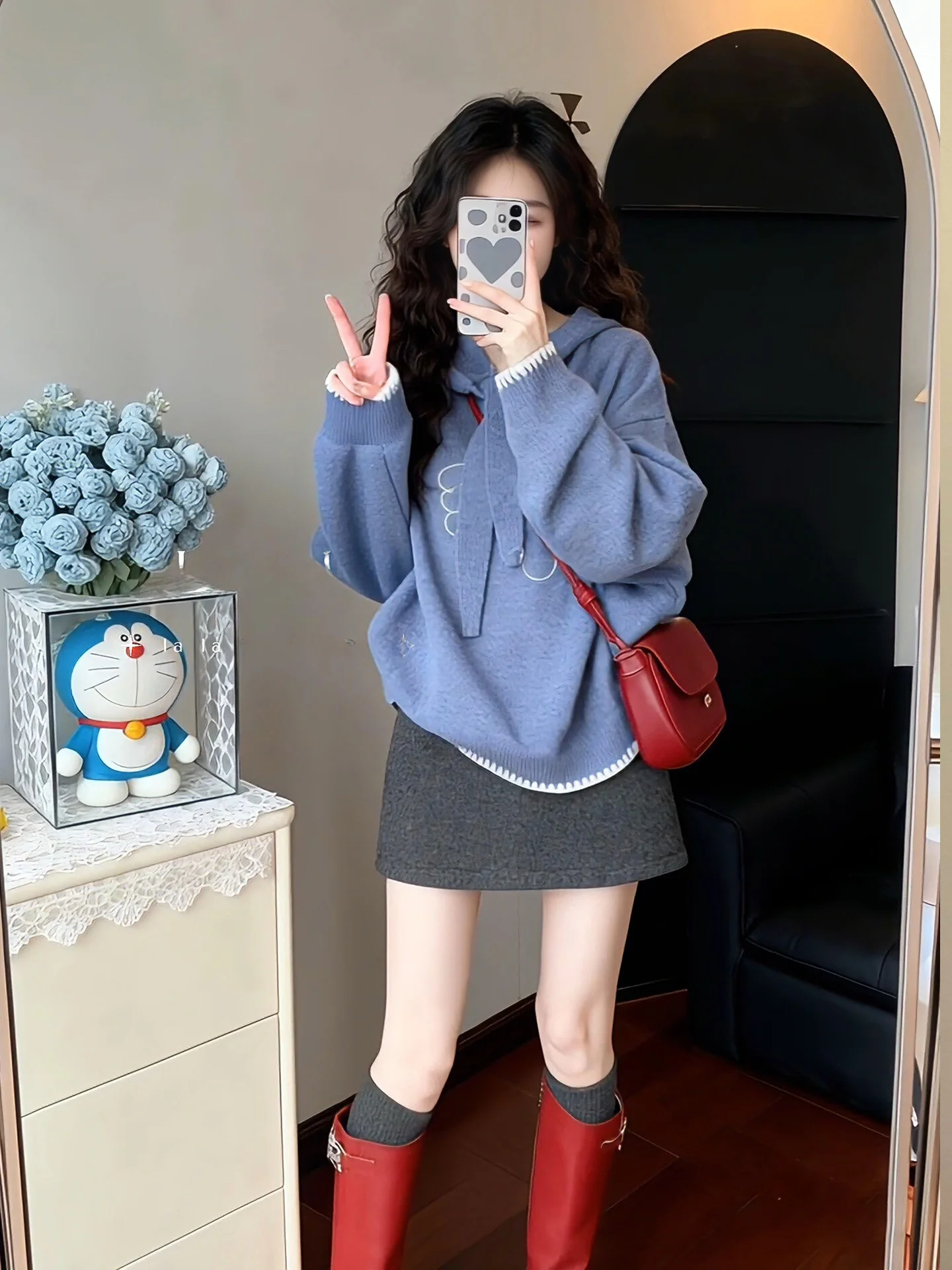 

Синий вязаный комплект из худи и юбки: универсальный осенне-зимний костюм в корейском стиле для женщин