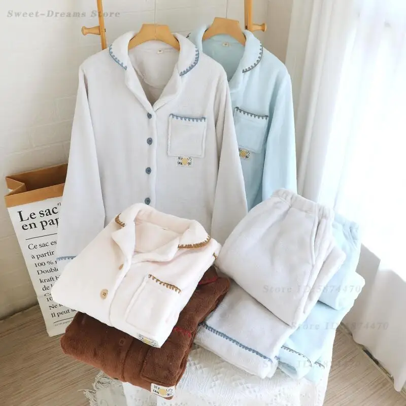 

Фланелевая одежда для сна, женская плотная домашняя одежда с длинными рукавами, осенне-зимняя теплая одежда для дома, пижамы, комплект из 2 предметов, свободная повседневная одежда для сна