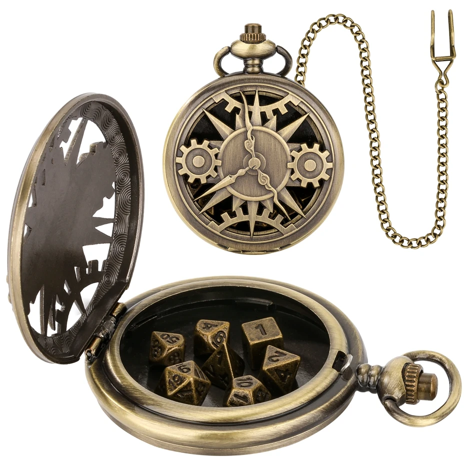 Retro Table Game Bronze Hollow Gear Pocket Watch Case with Antique Waist Hook Chain with Vintage 7PCS Metal Polyhedral Dice