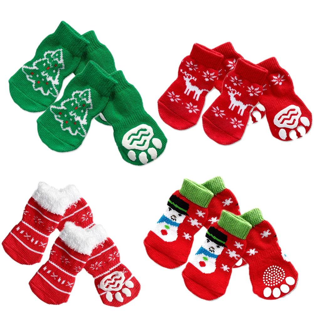 

4 set Pet Christmas Socks for Dog Cat Soft Cotton Anti Slip Keep Paws Safe Use Protect Cold Supplies