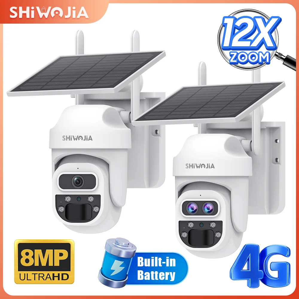 SHIWOJIA 4K 8MP Wireless Solar Camera 4G Sim/WiFi 12X ZOOM Outdoor Solar Battery PIR Humanoid Detection PTZ Surveillance Cameras