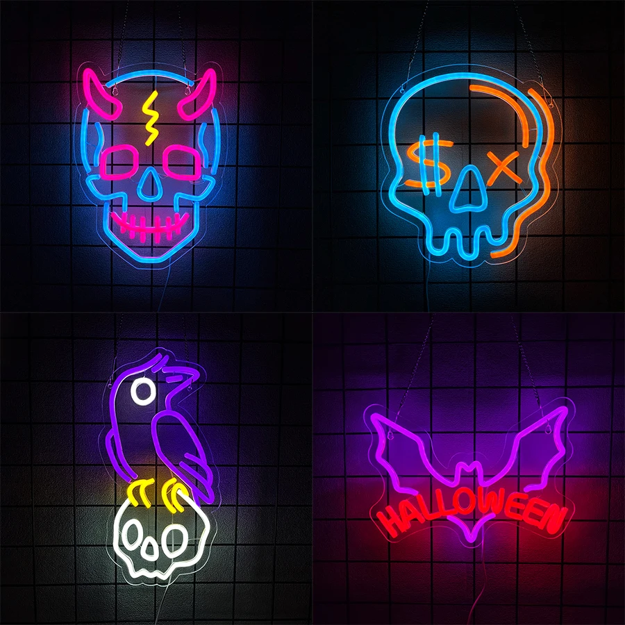 

Неоновая вывеска на Хэллоуин, значок страшного черепа, используется для декора настенных светильников в игровых комнатах, страшных пространстве, клубов и занятий на Хэллоуин.