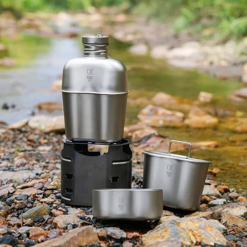Keith All-in-One Titanium Camping Cook Set with Wood Stove and Carry Storage Bag Ultralight  Professional  backpacking Camping
