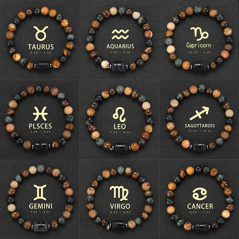 12-Zodiac Armbanden Natuursteen Kanker Maagd Leeuw Weegschaal Armband Koppels Vriendschap Geschenken Armbanden Sieraden pulsera hombre