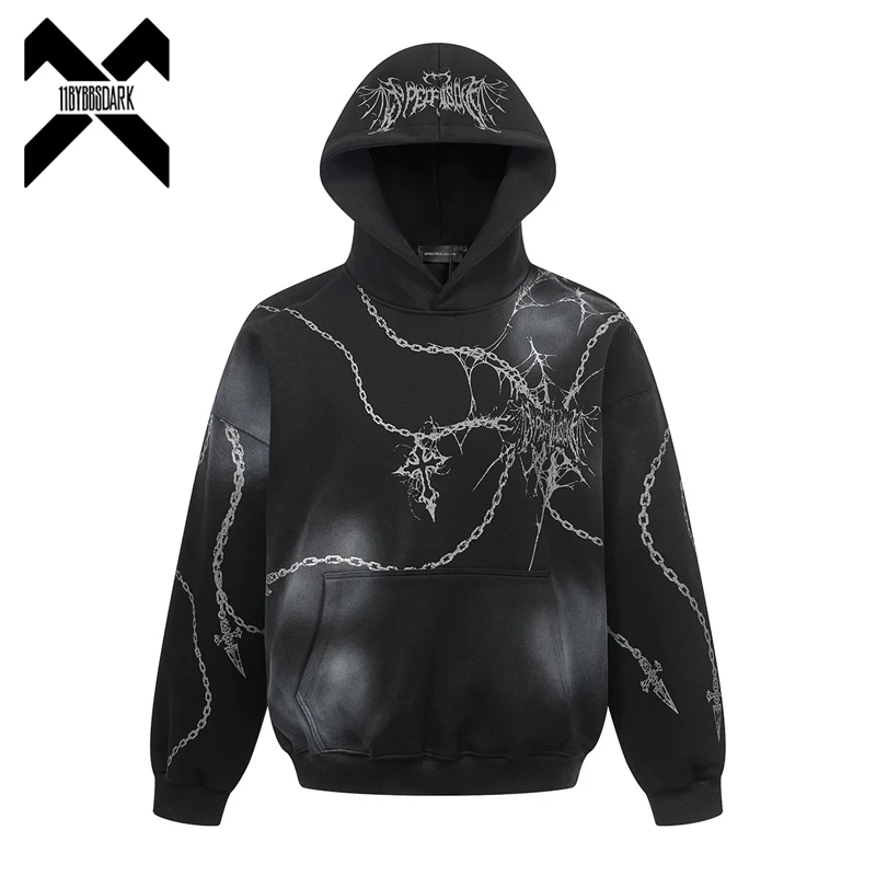 Men 2026 New Streetwear Heavyweight Hooded Sweatshirt Chain Print Pullover Vintage Hoodie Casual Trendy Brand Tops